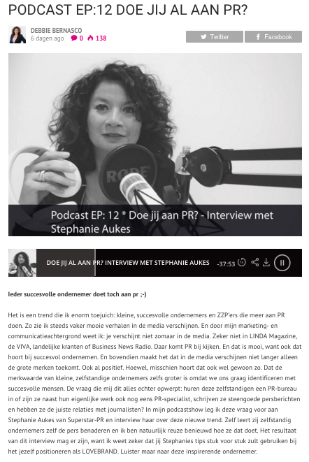 Free publicity Stephanie Aukes interview podcast #ILoveYourBrand van Debbie Bernasco