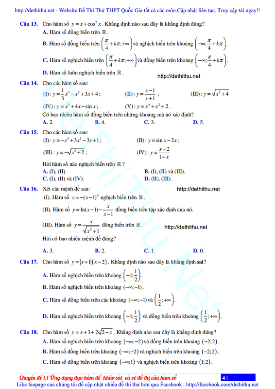Bài tập tính đơn điệu của hàm số