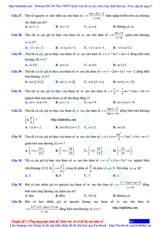 53 câu trắc nghiệm tính đơn điệu của hàm số